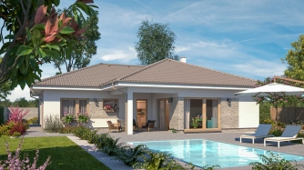 Einfamilien-Bungalow mit L-förmigem Grundriss und Garage.